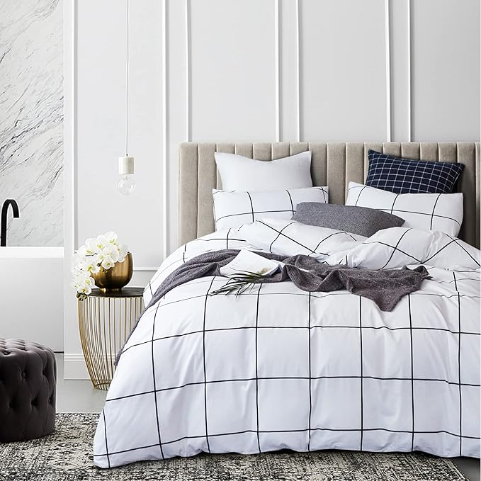 Pureant White Plaid Comforter Sets Full Size Black and Grid Bedding Comforters Cotton Women Men Modern Simple Geometric Quilt Adults Teens Buffalo Soft Full(80''*90''-Comforter)