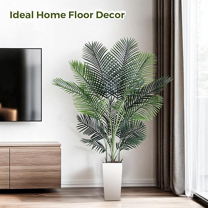 Artificial Areca Palm Tree 6FT Fake Potted Plant Faux Silk Tropical Areca Palm Real Bark Design, Large Artificial Plant in Tall White Pot for Home Living Room House Warming Floor Decor