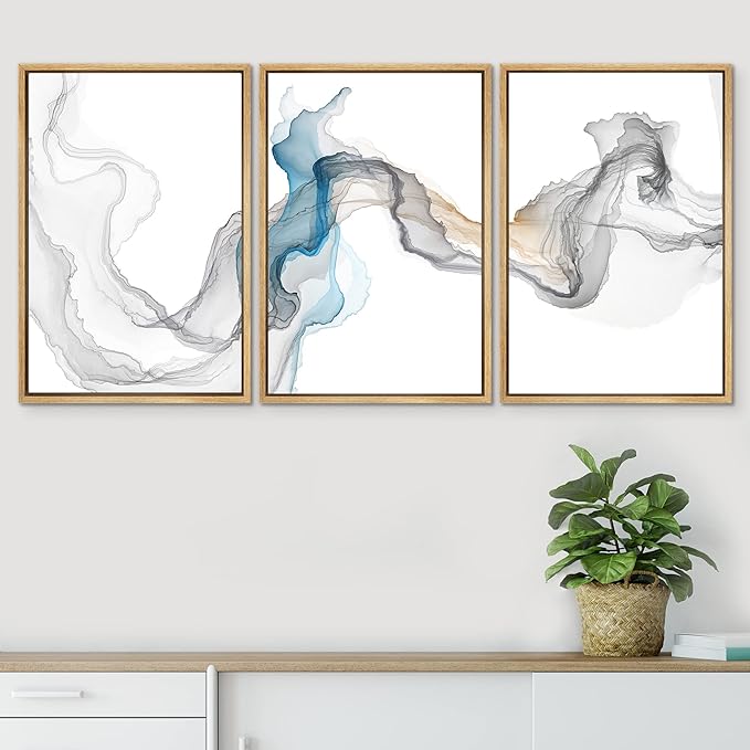 SIGNWIN Framed Canvas Print Wall Art Set Blue Gray Smoke Wave Landscape Abstract Shapes Illustrations Modern Art Decorative Contemporary Colorful for Living Room, Bedroom, Office - 16"x24"x3 Natural