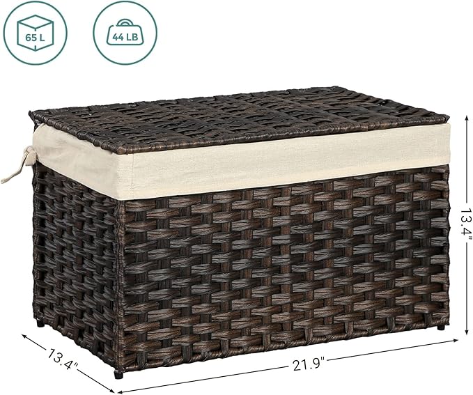 SONGMICS Storage Basket with Lid, 17.2 Gallon (65L) Storage Bin, Woven Blanket Storage Basket with Handles, Foldable, Removable Liner, Metal Frame, for Bedroom, Laundry Room, Brown URST56BR