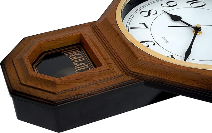 JUSTIME Traditional Schoolhouse Easy to Read Regulator Wall Clock, Chiming Wall Clocks with Pendulum & Westminster Chime Hourly, Schoolhouse Wall Decor Battery Operated (Light Wood Grain)