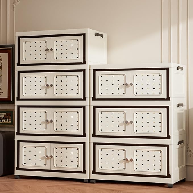 Lockable Storage Bins with Lids, Folding Storage box with Doors and Wheels, Collapsible Plastic Storage Bins for Closets, Stackable Storage Organizer, Storage Containers (Printed, 4-Tier)