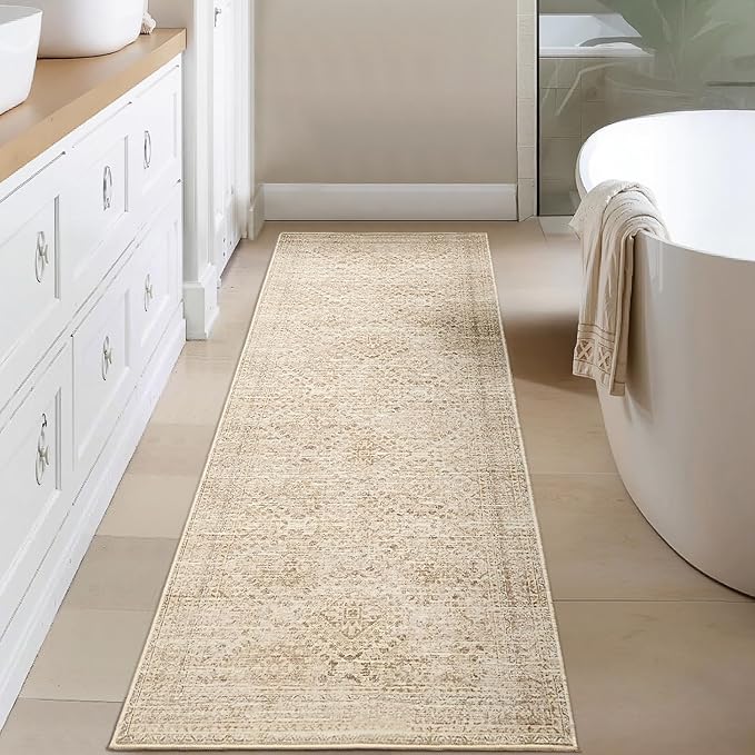MIULEE 2x6 Washable Hallway Runner Rug, Vintage Long Rug for Hallway Kitchen Bedroom Laundry Room Bathroom Rug, Non-Slip Stain Resistant Soft Throw Carpet Floor Mat, Neutral Beige