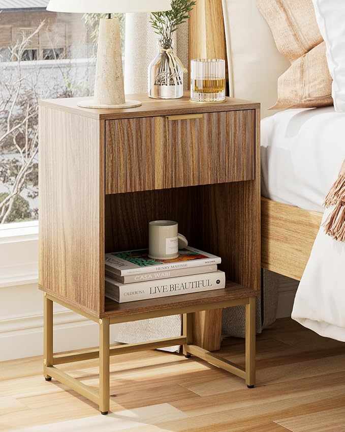 Masupu Fluted Nightstand,Modern Night Stand Wood Bedside Table with Storage Drawer Side End Table for Bedroom,Living Room,Office,Walnut Brown