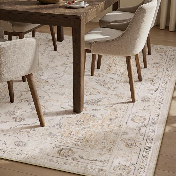 PADOOR-Vintage Area Rug 5X7 Rugs for Living Room-Soft Beige Rugs for Bedroom-Machine Washable Rugs Non Slip Carpet-Rug for Dining Room Living Room Bedside Office