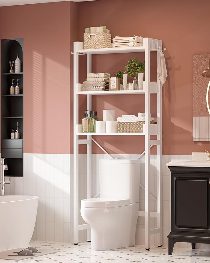 Ecoprsio Over-The-Toilet Storage Rack, 3-Tier Bathroom Organizer Shelf Over Toilet, Freestanding Space Saver Toilet Stands with 4 Hooks, White