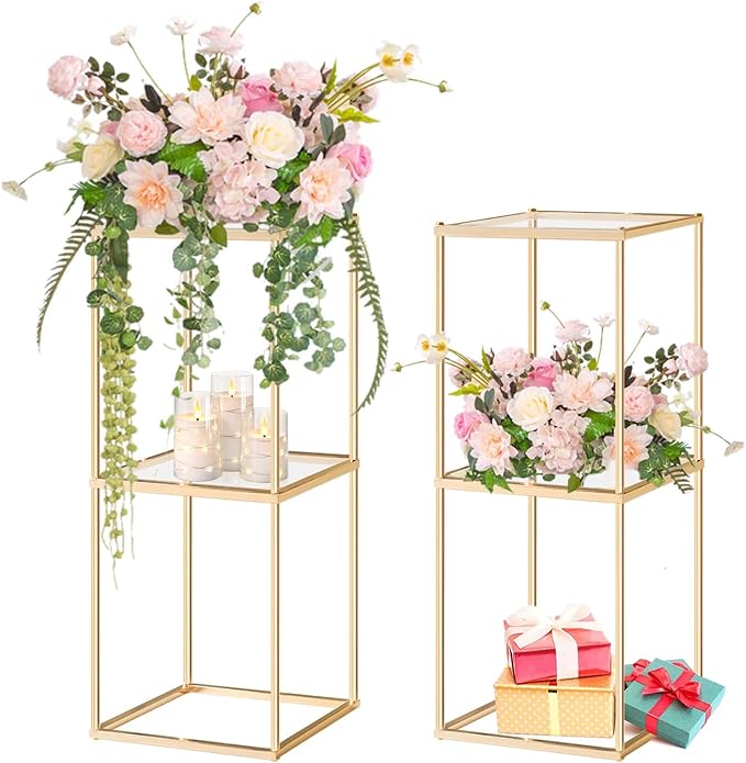 2-Tier Metal Flower Stand Set with Acrylic Shelves, Geometric Display Rack for Wedding Centerpieces, Party Decor, Tall Floor Vase Stand (Gold, 2 Pcs-25)