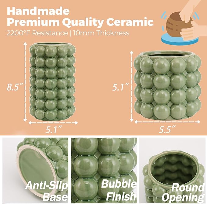 Bubble Vases, Set of 2 Green Ceramic Vases, Short Vases, Ceramic Flower Vases, Unique Vases, Tall Bubble Vases for Coffe Table Decor, Decorative Vases for Living Room, Dining Table, Wedding