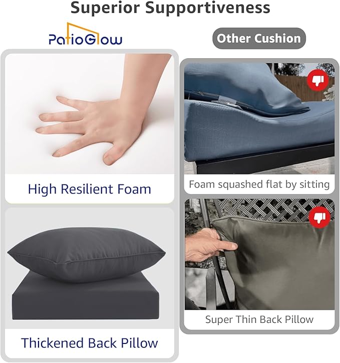 Outdoor Seat Cushion Set 24 x 24 x 4 Inch, Waterproof & Fade Resistant Patio Furniture Cushions with Removable Cover and Ties, Thick Deep Seating Pads for Outside Chair Sofa Couch, Grey