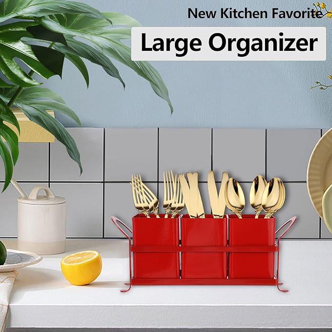 Kitchen Utensil Holder for Countertop - Outdoor Silverware Caddy, Picnic and Camping Utensil Organizer, Flatware Holder for Party Gatherings, Metal and Durable Design (Red)