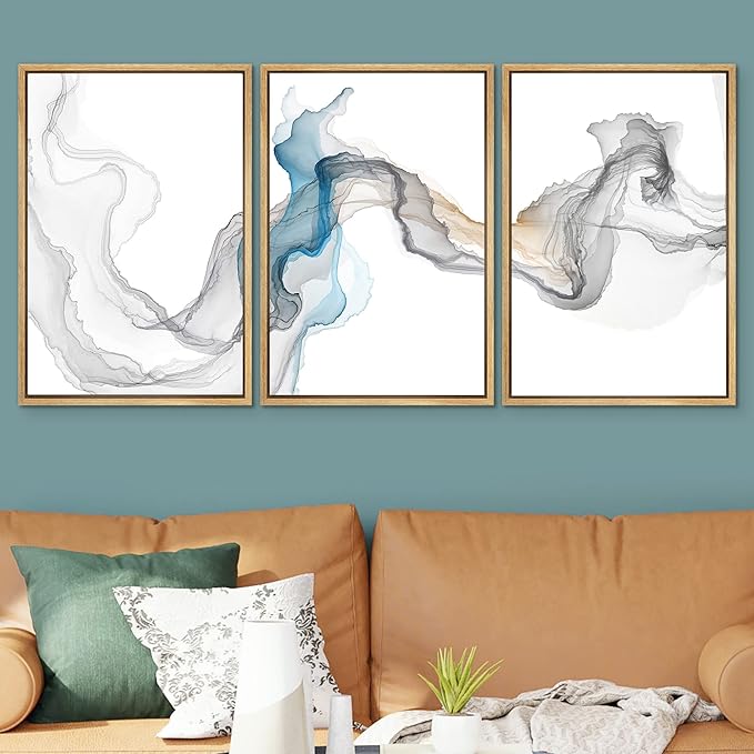 SIGNWIN Framed Canvas Print Wall Art Set Blue Gray Smoke Wave Landscape Abstract Shapes Illustrations Modern Art Decorative Contemporary Colorful for Living Room, Bedroom, Office - 16"x24"x3 Natural