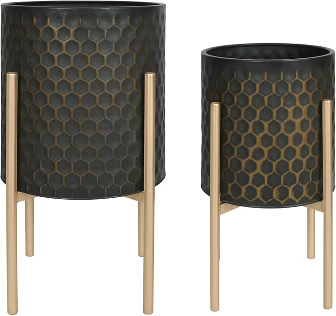 Oakrain Mid Century Planters for Indoor Plants, Set of 2, Modern Decorative Metal Pots for Living Room, Office, Garden or Balcony, Black&Golden Honeycomb, 10inch&12inch