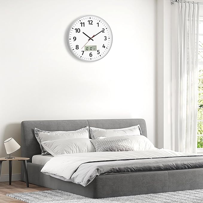 Foxtop Digital Wall Clock with Time, Day of Week and Temperature, Silent Non-Ticking Battery Operated Round Digital and Analog Wall Clock for Classroom Office Bedroom Home School (12 Inch, Silver)