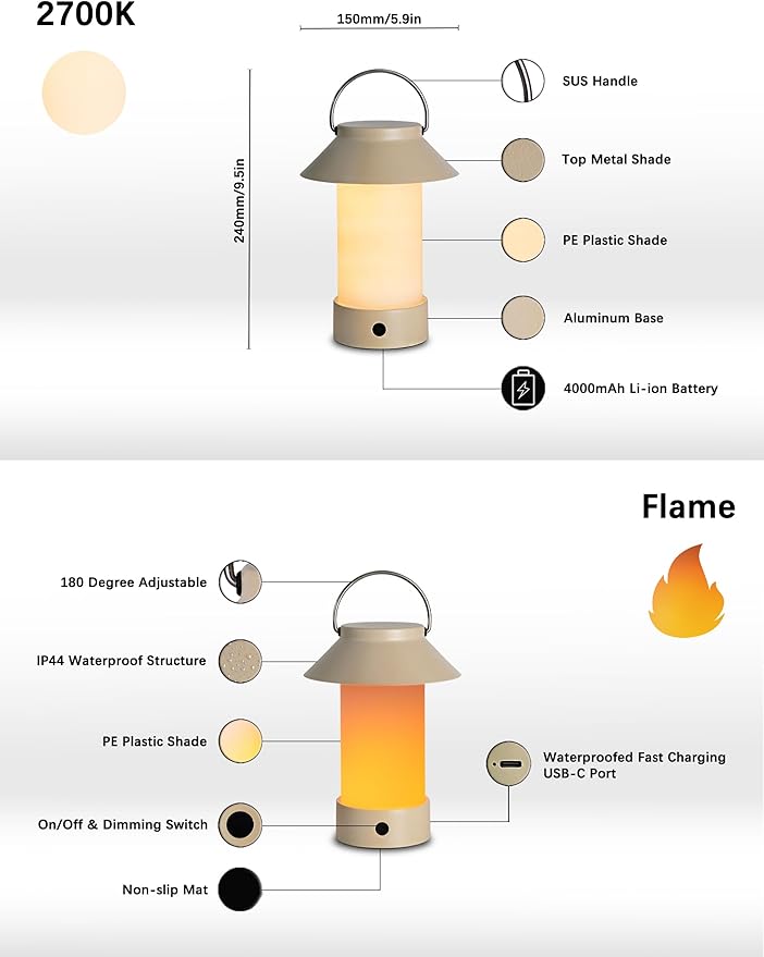Rechargeable Outdoor Lantern Waterproof, Dimmable Warm White & Flickering Flame Mood Light, Portable Cordless Table Lamp for Patio/Camping/Shower/Emergency Power Outage (Khaki)
