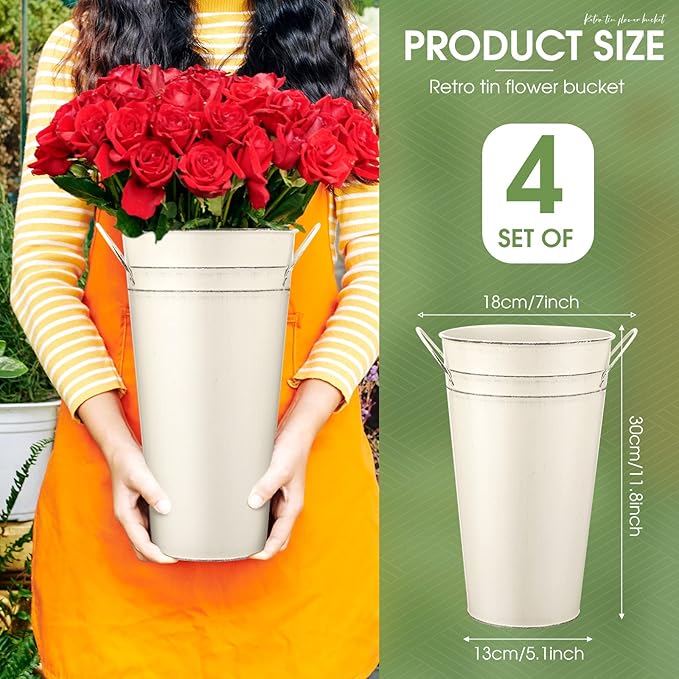 Irenare 12 Inch Vintage Galvanized Flower Bucket Metal Flower Vase Farmhouse French Bucket Planter Metal Floral Container for Party Table Centerpiece Weddings Home(White,4 Pcs)