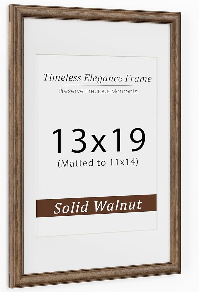 13x19 Picture Frame, USA-Sourced Walnut Wood Frame with Tempered Glass, Display 11x14 with Mat or 13x19 Without Mat, 13 by 19 Photo Frame for Vertical & Horizontal Display, Handcrafted, 1 Pack