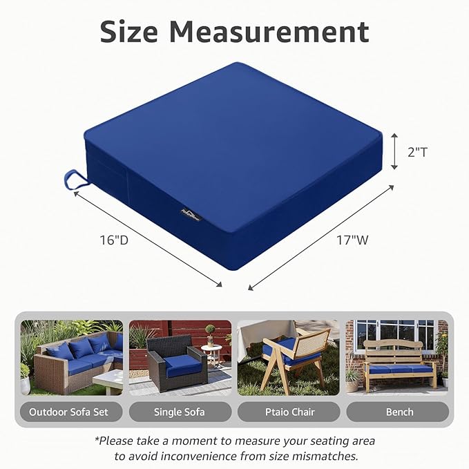 Outdoor Chair Cushions 17 x 16 x 2 Inch, Waterproof & Fade Resistant Patio Seat Cushion for Furniture with Handle and Ties, Thick Seating Pads for Outside Sofa Couch Set of 2, Blue