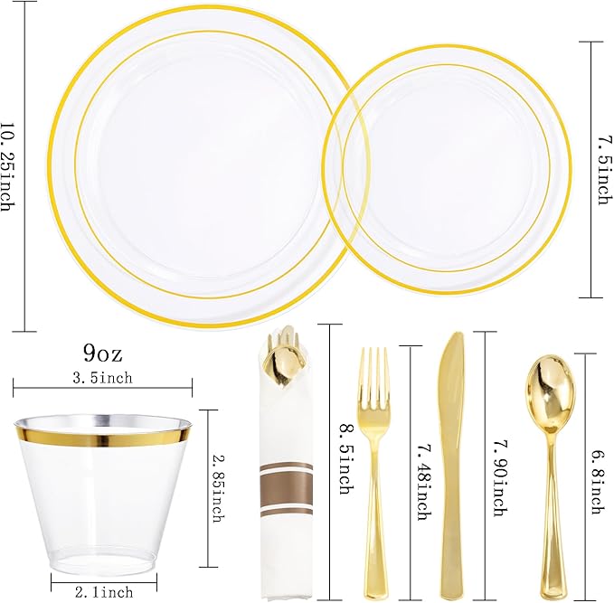 WELLIFE 210PCS Clear-Gold Plastic Plates - Dinnerware Sets for 30 Guests - 60 Disposable Plates, 90 Plastic Silverware, 30 Cups, 30 Napkins for Party