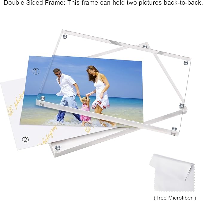 AMEITECH Acrylic Picture Frames, 4x6'' Clear Double Sided Block Set, Desktop Frameless Magnetic Photo Frame (2 Pack)