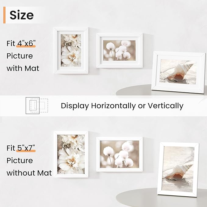 5x7 inch Picture Frame, 5x7 Photo Frames with 4x6 Removable Mat - High Definition Plexiglass - Vertical and Horizontal Display - Wall Hanging Frame - White, 5 Pack