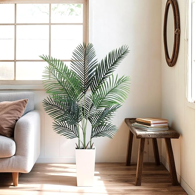 Artificial Areca Palm Tree 5FT Fake Potted Plant Faux Silk Tropical Areca Palm Real Bark Design, Large Artificial Plant in Tall White Pot for Home Living Room House Warming Floor Decor