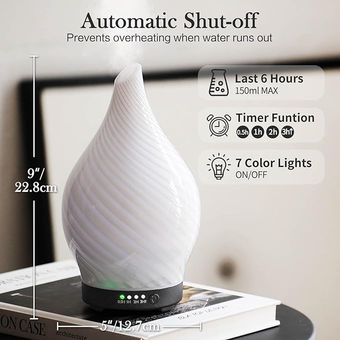Porseme 150ml Essential Oil Diffuser Glass Color Changing Aroma Air Diffusers Aromatherapy Ultrasonic Cool Mist Humidifier 6 Running Hours Waterless Auto-Off for Sleeping Yoga Office Spa (Pure White)