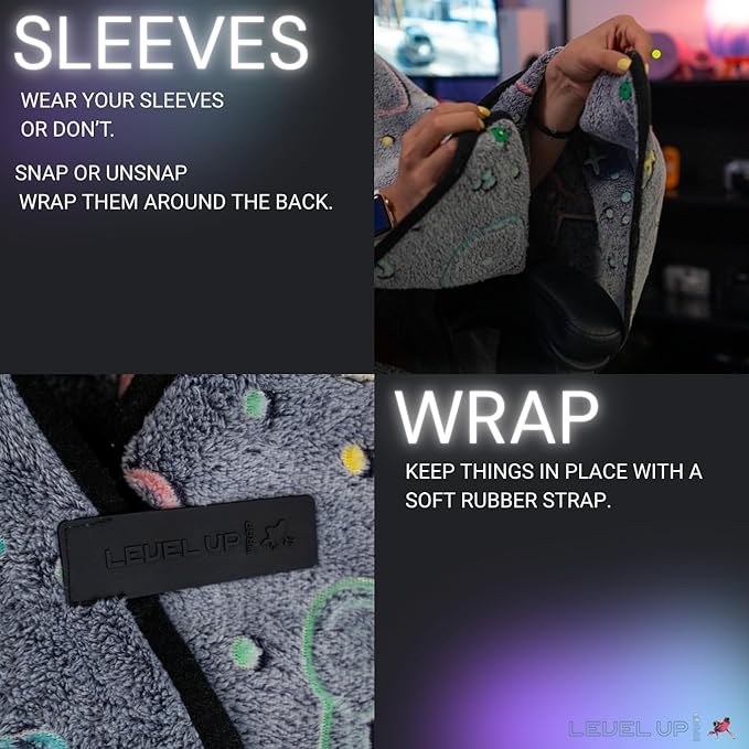 LEVEL UP WRAP® – Glow-in-The-Dark Gaming Chair Blanket with Hood | Cozy, Oversized Fit | Secure Attachment | Easy-Wash, Eco-Friendly Fleece | Gamer Gift | Pattern: Cosmic Controllers