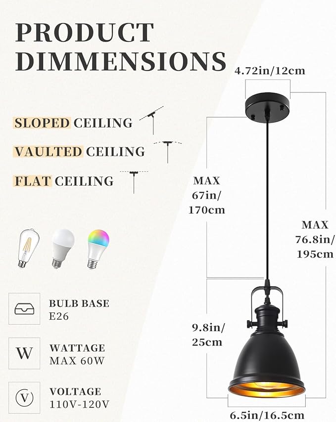 Black Pendant Lights Kitchen Island 3 Pack, Vintage Pendant Light, 6.5’’ Farmhouse Pendant Light Fixtures, Adjustable Height, Pendant Lighting for Dining Room, Living Room, Sink, Bar