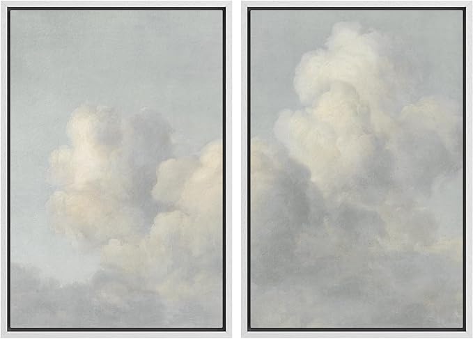 MUDECOR Framed Wall Art Print Set Elegant Cloudscape Vintage Soft Sky Illustrations Modern Minimalist Chic for Living Room, Bedroom, Office - 16"x24"x2 White