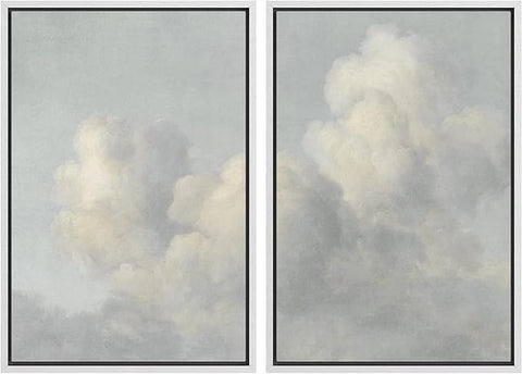 MUDECOR Framed Wall Art Print Set Elegant Cloudscape Vintage Soft Sky Illustrations Modern Minimalist Chic for Living Room, Bedroom, Office - 16"x24"x2 White