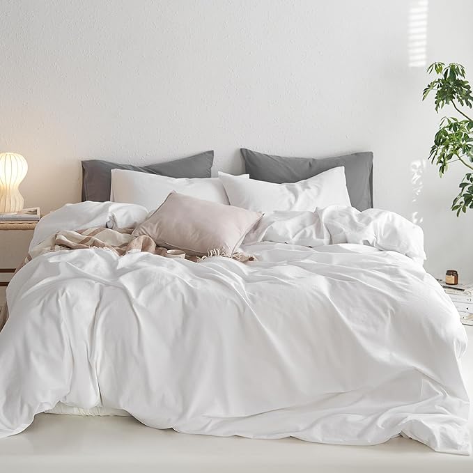 MooMee Twin Duvet Cover Set, 100% Washed Cotton Linen Like Twill Thick Sturdy Material Super Soft Breathable Durable Bedding for All Season, 2 Pieces (Bright White, Twin 68"x90")