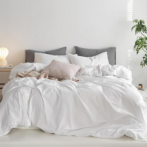 MooMee Twin Duvet Cover Set, 100% Washed Cotton Linen Like Twill Thick Sturdy Material Super Soft Breathable Durable Bedding for All Season, 2 Pieces (Bright White, Twin 68"x90")
