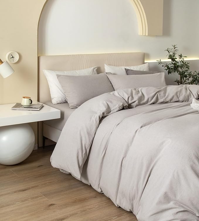 JIYUAN 100% Washed Cotton Duvet Cover Set 3 PCS Super King Plus, 1 Duvet Cover 120"x120" (Comforter Not Included) and 2 Pillowcases,Linen Feel Bedding Set Comfy and Breathable, Heathered Cream Grey