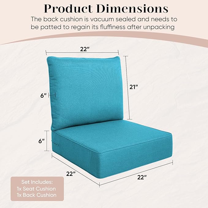 Luxury Outdoor Seat Cushion Set-22 x 22 x 6 Inch Outdoor Chair Cushions with Water Resistant & Removable Cover Outdoor Cushions for Patio Furniture Chair Sofa Couch-Beige