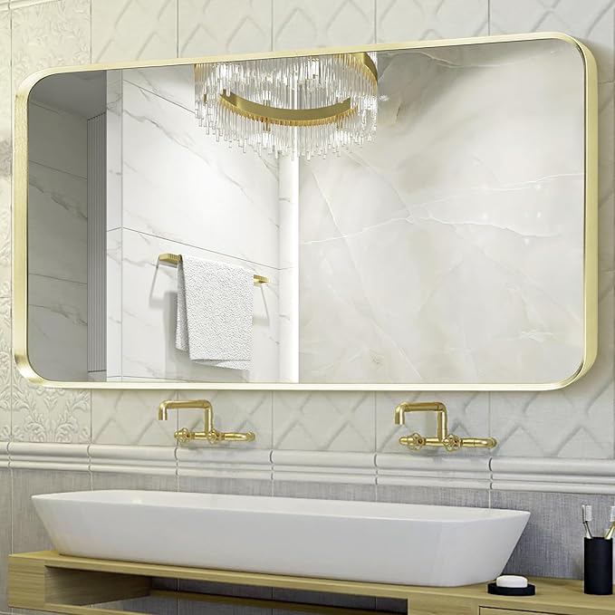 Wall Mount Mirror for Bathroom, Large Brushed Gold Metal Framed Rounded Corner Rectangular Vanity Mirror, Tempered Glass, Anti-Rust, Hangs Horizontally or Vertically (28" x 60", Gold)