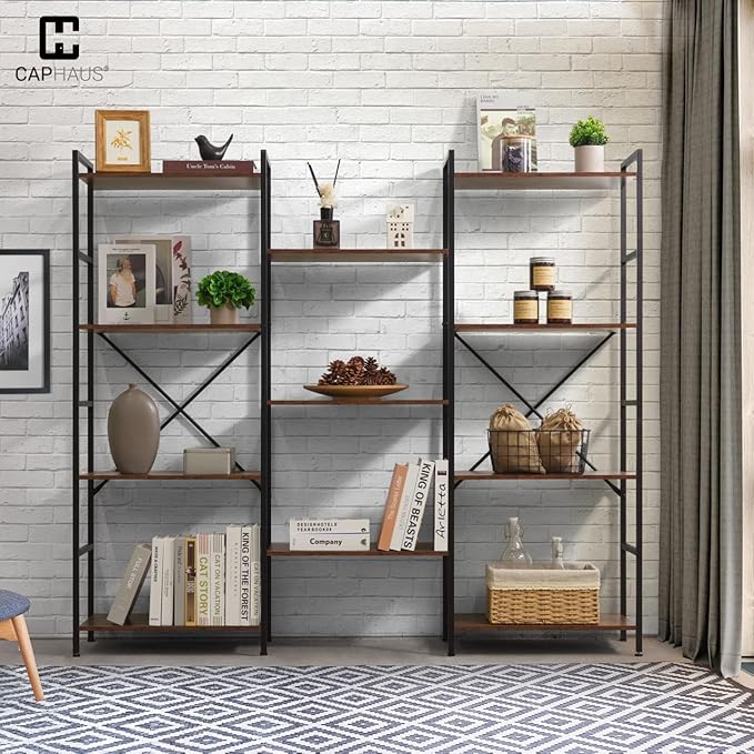CAPHAUS Triple Column 4 Tier Bookshelf, Industrial Triple Bookcase with 11 Open Display Shelves, Adjustable Wide Shelf for Living Room, Bedroom, Home and Office, White