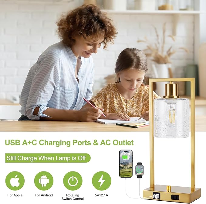 16" Set of 2 Gold Industrial Table Lamps with USB A+C Charging Ports and AC Outlet, Fully Stepless Dimmable Bedside Lamps with Seeded Glass Shade for Bedroom Living Room Office, LED Bulbs Included