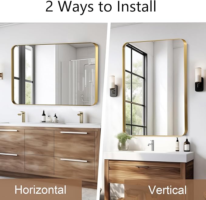 30x36 Inch Gold Bathroom Mirror, Brushed Metal Framed Rectangle Mirror with Rounded Corner, Gold Bathroom Vanity Mirror for Bedroom or Living Room, Horizontal/Vertical