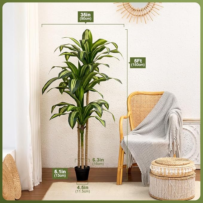 Artificial Dracaena Tree 5FT - Tall Faux Floor Plant with UV-Resistant,Artificial Plants with Lifelike Leaves,Potted Fake Trees for Home, Living Room,Indoor & Outdoor Decor,VN123(Yellow)