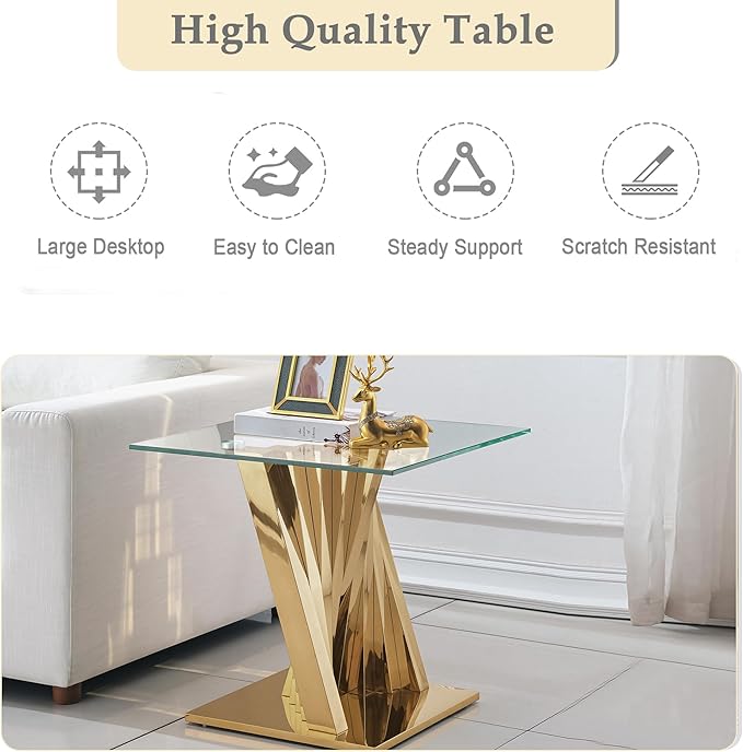 Glass 4 Piece Living Room Table Sets,4-Piece Table Set Includes 1 Glass Coffee Table and 1 Console Table and 2 End Tables with Stainless Steel Frame,Modern Coffee Table Set of 4 for Living Room