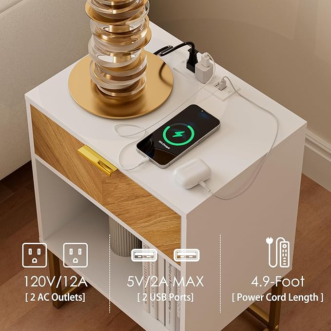 Masupu Nightstand with Charging Station,Modern Night Stand Boho Farmhouse Wood Bedside Table with Storage Drawer Side End Table for Bedroom,Living Room,Office,White with Outlet