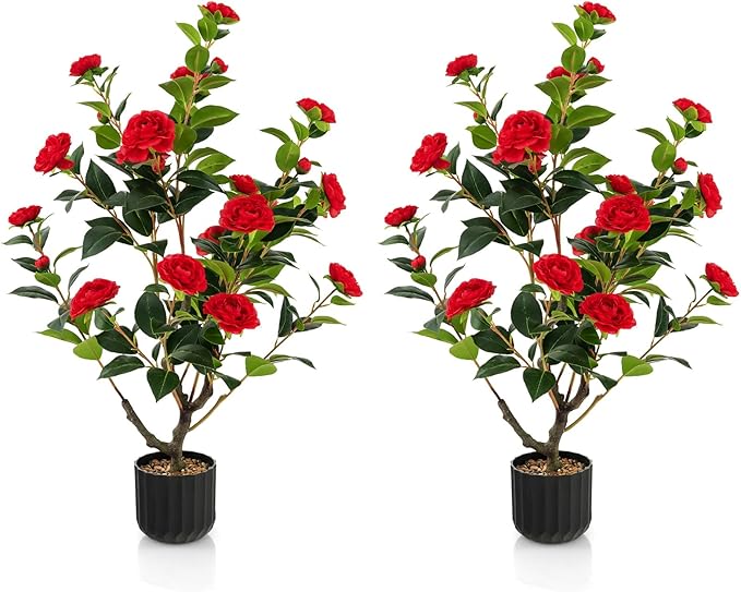 Goplus 38’’ Artificial Camellia Tree, 2 Pack Flower Plants Artificial Tree, Faux Floral Plant Blooming Tree in Cement Pot, Greenery Potted Plant for Indoor Outdoor Office Home Porch Decor