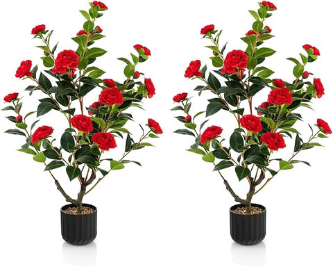 Goplus 38’’ Artificial Camellia Tree, 2 Pack Flower Plants Artificial Tree, Faux Floral Plant Blooming Tree in Cement Pot, Greenery Potted Plant for Indoor Outdoor Office Home Porch Decor