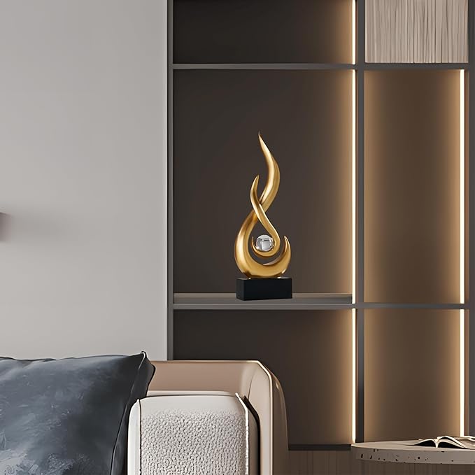 FJS Gold Decor Modern Flame Statue Home Decorations for Living Room, 11.8" H Shelf Decor Accents, Abstract Art Resin Sculpture for Dining Room Office Coffee Table Centerpiece