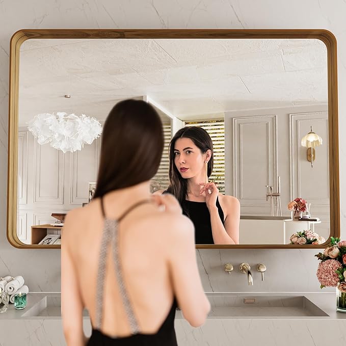 LOAAO 48X32 Inch Bathroom Mirror with Wood Grain Colored Metal Frame, Rounded Rectangle Metal Framed Bathroom Mirror, Anti-Rust, Hangs Horizontally or Vertically, Tempered Glass