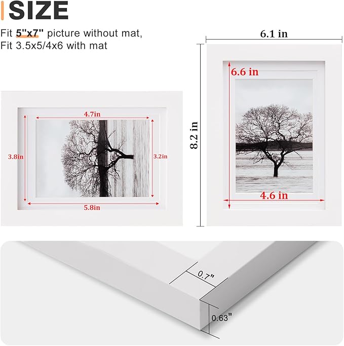 Egofine 5x7 Picture Frames 6 PCS - Made of Solid Wood Covered by Plexiglass Matted for 4x6 and 3.5x5 for Table Top Display and Wall Mounting photo frame White