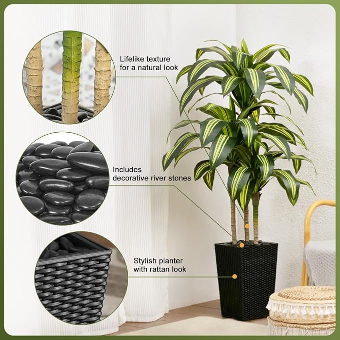 Artificial Dracaena Tree 5FT - UV Resistant Faux Tree with Large Taper Planter & Pebbles - Tall Fake Plants Indoor & Outdoor, Potted Floor Plant for Home Living Room Porch Decor, VN127