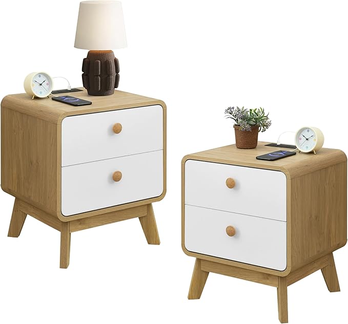 Aries Set of 2 Nightstands with Charging Station, 2 Drawer Bedside Tables with Storage, Night Stands for Bedroom, End Table or Side Table for Living Room, 15.7" x 18.9" x 21.7", Oak/White