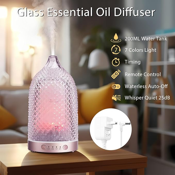 7 Colors Glass Diffuser, 200ML Essential Oil Diffuser, Ultrasonic Aromatherapy Diffuser with Timer, Auto-Off Protection, Cool Mist Aroma Diffuser for Home, Office,Yoga (Rose Gold)
