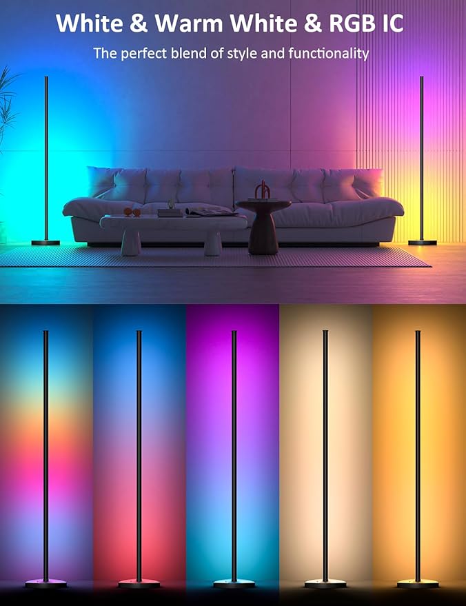 Corner Floor Lamp, 2 Pack LED Corner Lamp with APP and Remote Control, 16 Million DIY Colors & Warm White, Music Sync, Timing Function, Color Changing Ambient Lights for Living Room, Bedroom, Gaming